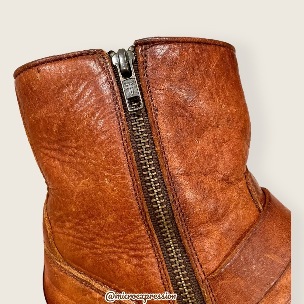 $389 Veronica Short Belted Cognac Leather Fringe Moto Vintage Combat Ankle Boot - Picture 13 of 16